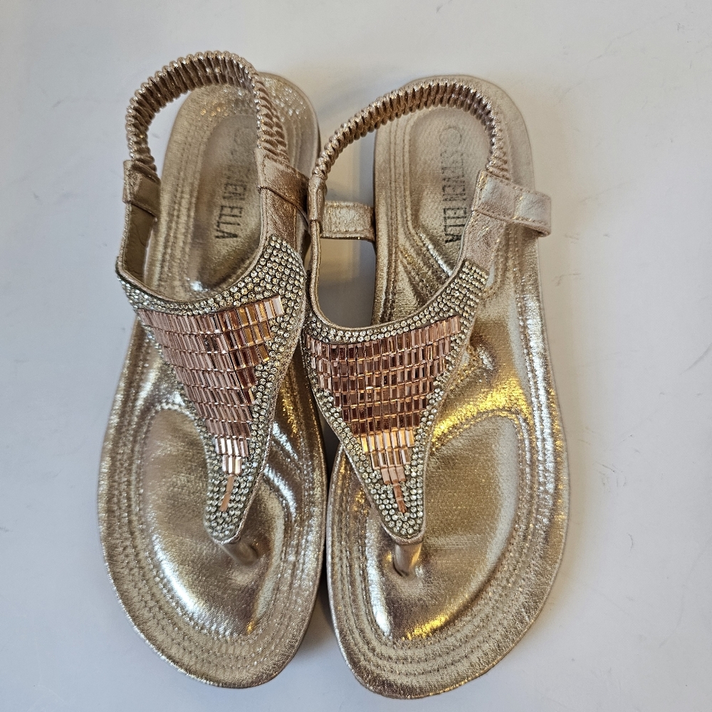 STEVEN ELLA ROSEGOLD EMBELLISHED THONG SANDALS WITH ADJUSTABLE HEEL STRAP SIZE 7